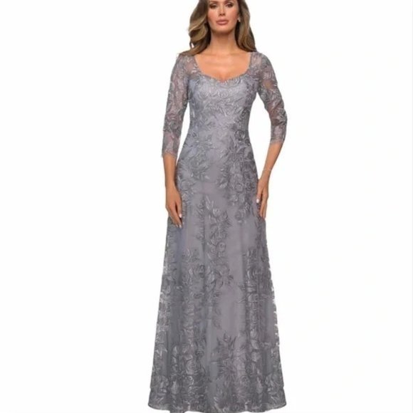 La Femme Dresses & Skirts - NWT La Femme 28053 Floral Embroidered Mesh A-Line Gown Dress Metallic Silver